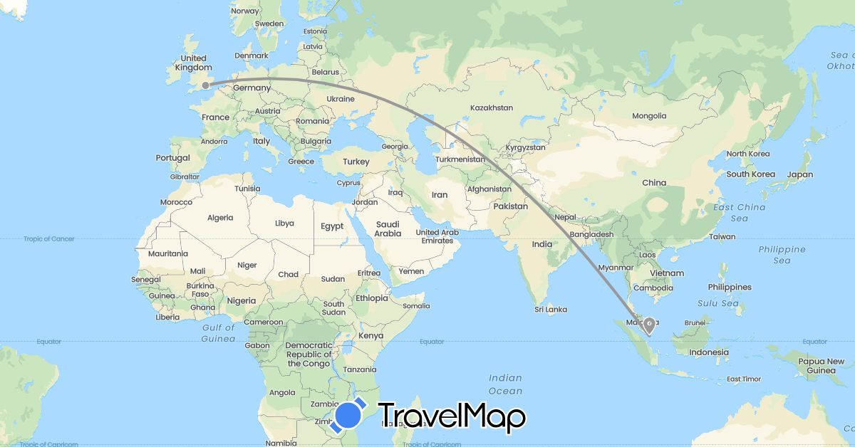 TravelMap itinerary: driving, plane in United Kingdom, Singapore (Asia, Europe)